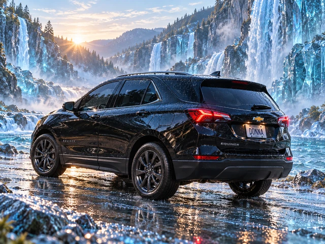 Donna Dew’s black 2025 Chevrolet Equinox. Black Chevrolet Equinox at a Glass Waterfall. Fictional automotive artwork.