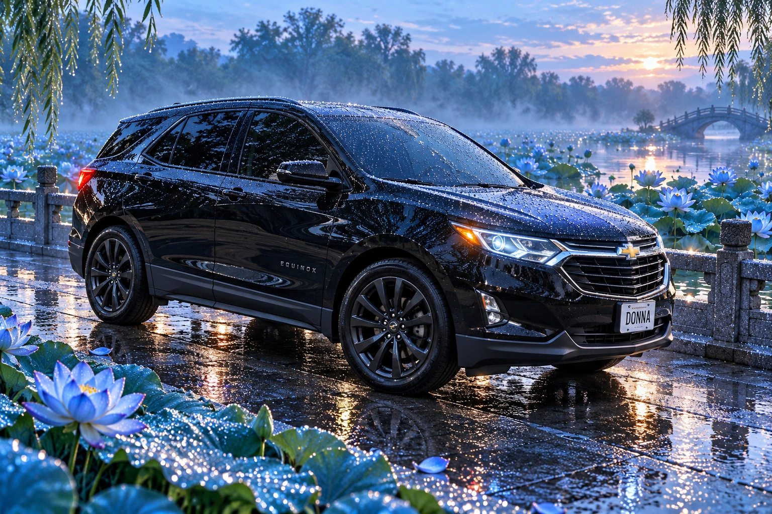 Donna Dew’s black 2025 Chevrolet Equinox. Dewy Black Equinox at Blue Lotus Pond. Fictional automotive artwork.