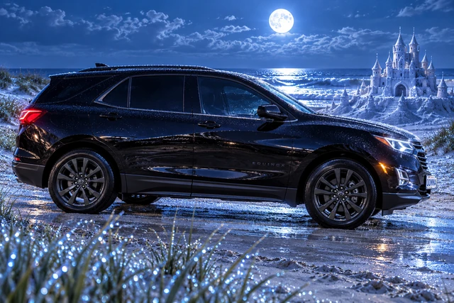 Donna Dew’s black 2025 Chevrolet Equinox. Dew-kissed black Equinox at a moonlit sandcastle. Fictional automotive artwork.