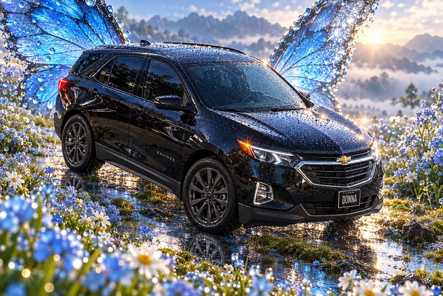 Donna Dew’s black 2025 Chevrolet Equinox. Dewy Black Chevrolet Equinox in Butterfly Meadow. Fictional automotive artwork.