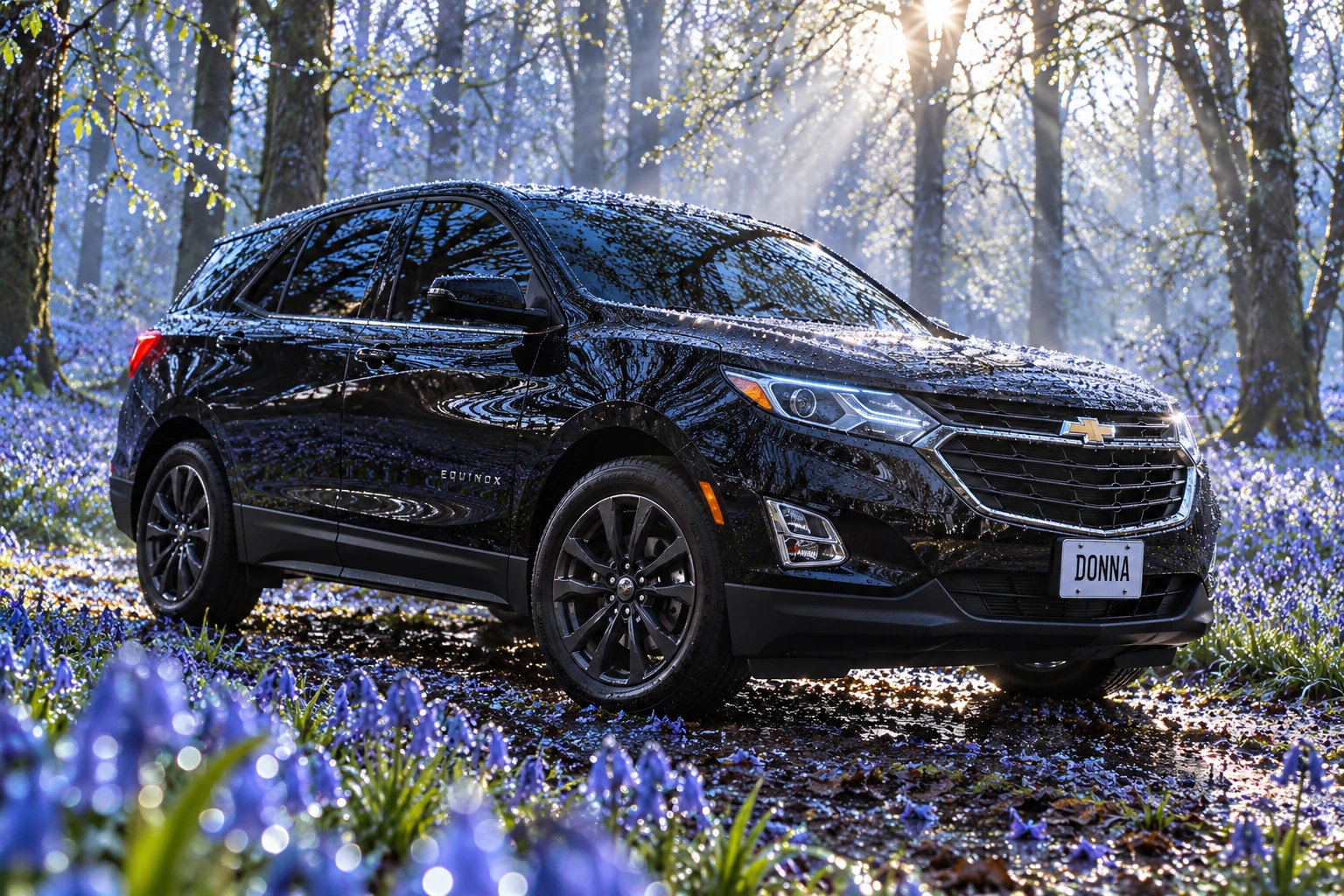 Donna Dew’s black 2025 Chevrolet Equinox. Dew-kissed black Equinox in bluebells. Fictional automotive artwork.