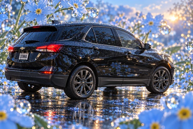 Donna Dew’s black 2025 Chevrolet Equinox. Dewy Black Equinox Among Blue Blossoms. Fictional automotive artwork.