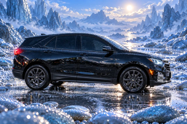 Donna Dew’s black 2025 Chevrolet Equinox. Dew-kissed black Equinox in a blue valley. Fictional automotive artwork.