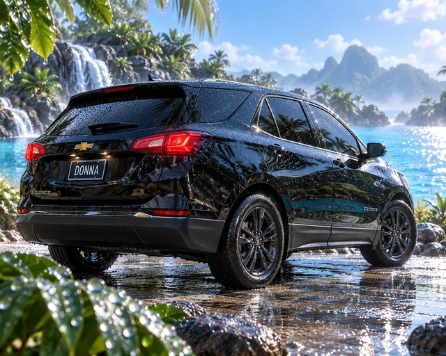 Donna Dew’s black 2025 Chevrolet Equinox. Dew-kissed black Equinox by a blue lagoon. Fictional automotive artwork.