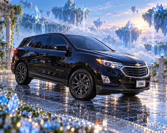 Donna Dew’s black 2025 Chevrolet Equinox. Dew-Kissed Black Equinox on Crystal Islands. Fictional automotive artwork.