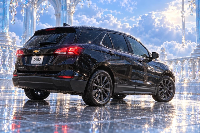 Donna Dew’s black 2025 Chevrolet Equinox. Black Equinox in a Crystal Cloud Palace. Fictional automotive artwork.