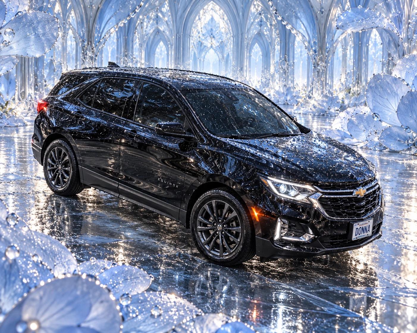 Donna Dew’s black 2025 Chevrolet Equinox. Dew-kissed black Equinox in a petal cathedral. Fictional automotive artwork.