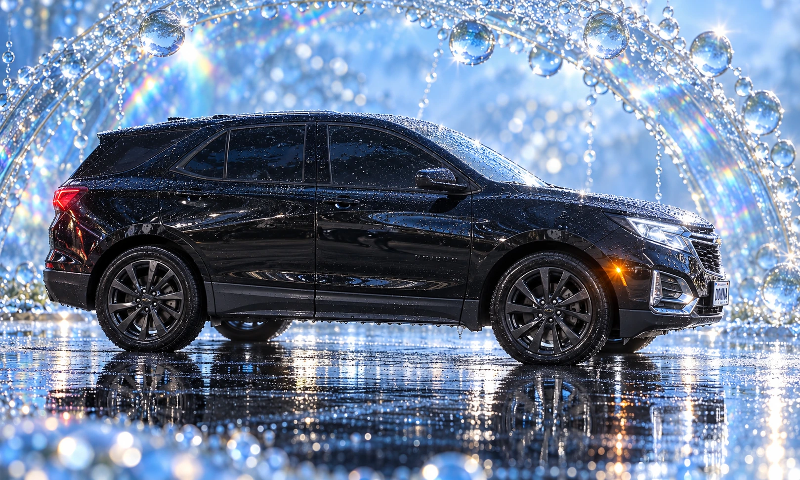 Donna Dew’s black 2025 Chevrolet Equinox. Black Equinox Beneath the Dewdrop Prism. Fictional automotive artwork.
