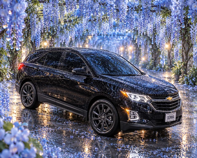 Donna Dew’s black 2025 Chevrolet Equinox. Black Equinox Under Dewy Wisteria. Fictional automotive artwork.