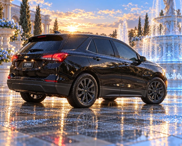 Donna Dew’s black 2025 Chevrolet Equinox. Dewy black Equinox at a celestial fountain. Fictional automotive artwork.