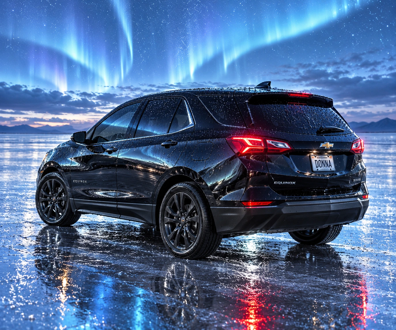 Donna Dew’s black 2025 Chevrolet Equinox. Black Equinox Beneath a Baby-Blue Aurora. Fictional automotive artwork.