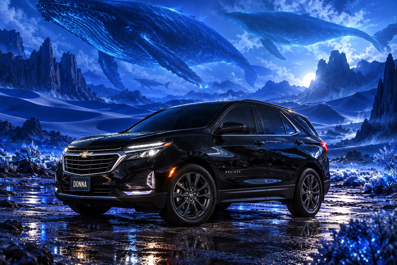 Donna Dew’s black 2025 Chevrolet Equinox. Donna Beneath the Floating Blue Whales. Fictional automotive artwork.