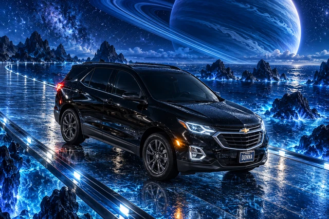 Donna Dew’s black 2025 Chevrolet Equinox. Donna Beneath a Ringed Blue Planet. Fictional automotive artwork.