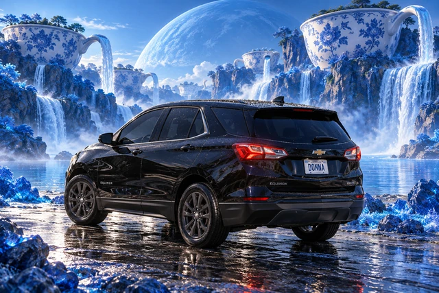 Donna Dew’s black 2025 Chevrolet Equinox. Donna in the Blue Teacup World. Fictional automotive artwork.