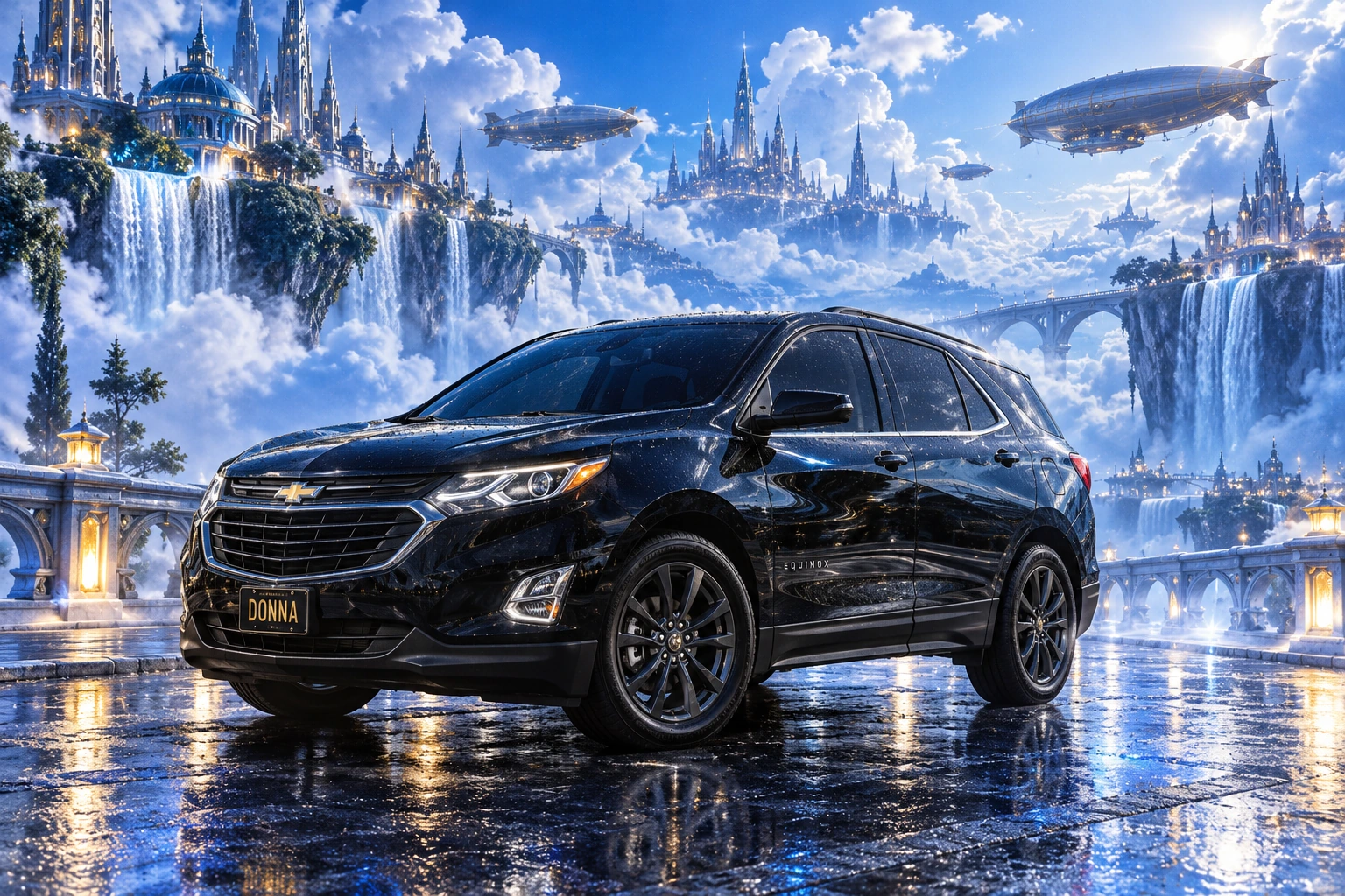 Donna Dew’s black 2025 Chevrolet Equinox. Donna in the blue cloud city. Fictional automotive artwork.