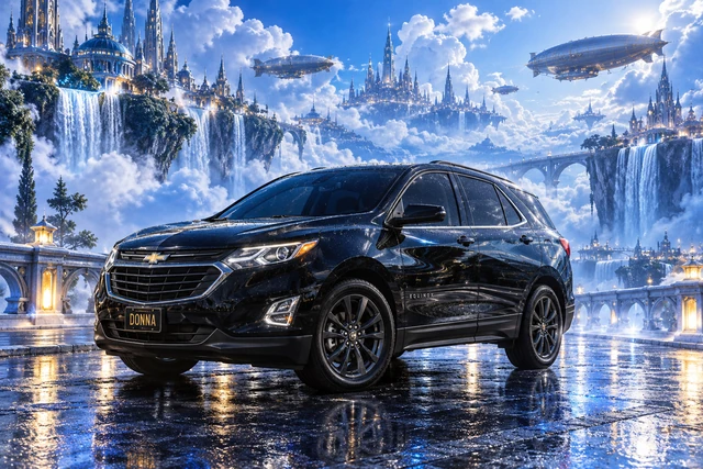 Donna Dew’s black 2025 Chevrolet Equinox. Donna in the blue cloud city. Fictional automotive artwork.