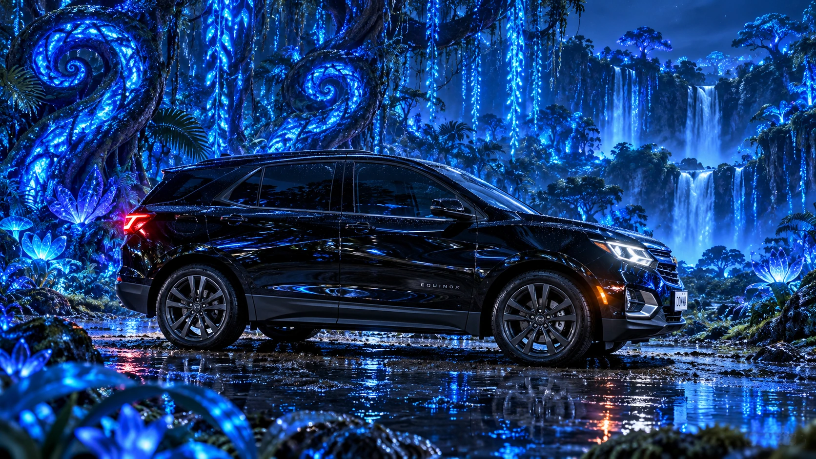 Donna Dew’s black 2025 Chevrolet Equinox. Donna in the Electric-Blue Jungle. Fictional automotive artwork.