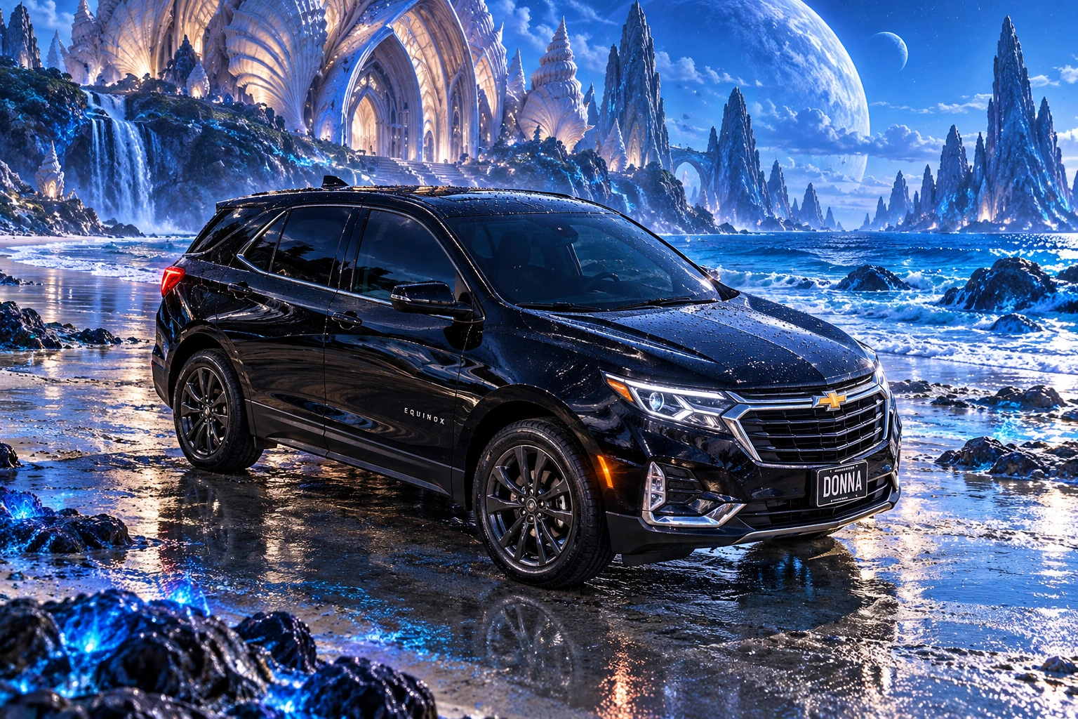 Donna Dew’s black 2025 Chevrolet Equinox. Donna at the Cerulean Shell Beach. Fictional automotive artwork.