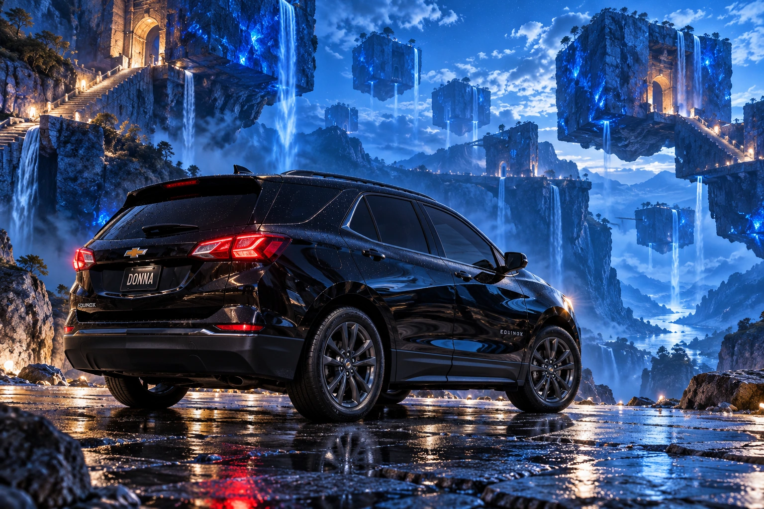 Donna Dew’s black 2025 Chevrolet Equinox. Donna in the floating blue canyon. Fictional automotive artwork.