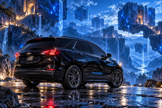 Donna Dew’s black 2025 Chevrolet Equinox. Donna in the floating blue canyon. Fictional automotive artwork.