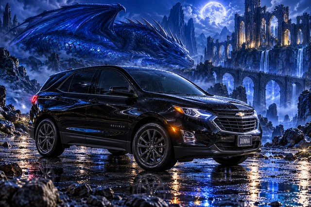 Donna Dew’s black 2025 Chevrolet Equinox. Black Equinox and the Sleeping Sapphire Dragon. Fictional automotive artwork.