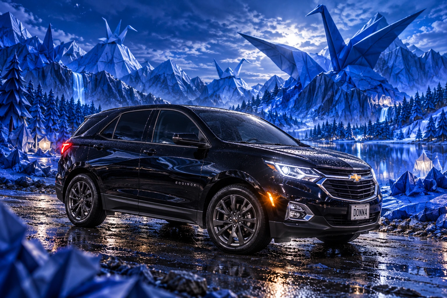 Donna Dew’s black 2025 Chevrolet Equinox. Donna Among Blue Origami Mountains. Fictional automotive artwork.
