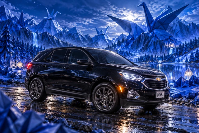 Donna Dew’s black 2025 Chevrolet Equinox. Donna Among Blue Origami Mountains. Fictional automotive artwork.