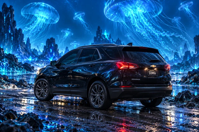 Donna Dew’s black 2025 Chevrolet Equinox. Donna Beneath Translucent Jellyfish Skies. Fictional automotive artwork.