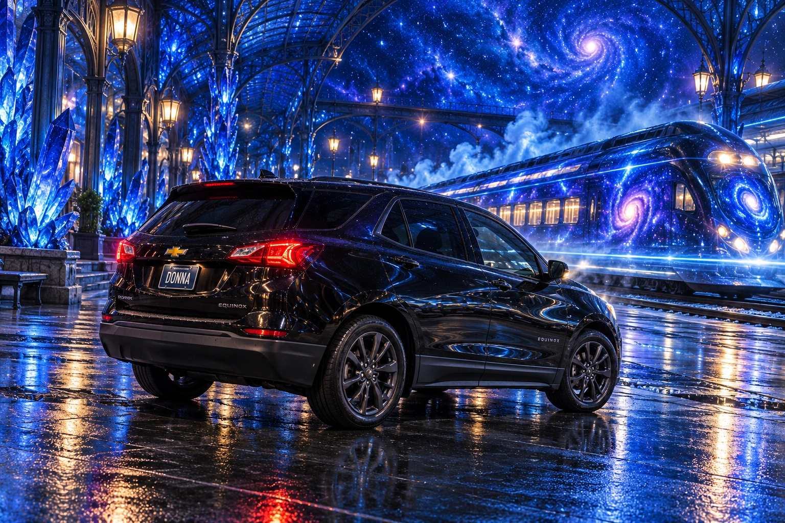 Donna Dew’s black 2025 Chevrolet Equinox. Donna at the Crystal Galaxy Station. Fictional automotive artwork.