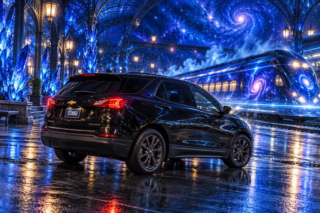 Donna Dew’s black 2025 Chevrolet Equinox. Donna at the Crystal Galaxy Station. Fictional automotive artwork.