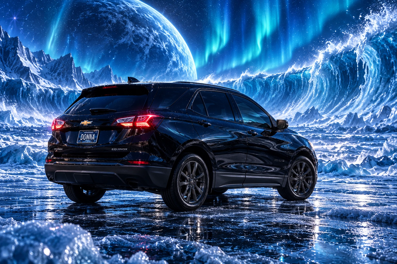 Donna Dew’s black 2025 Chevrolet Equinox. Donna Beneath Frozen Tidal Waves. Fictional automotive artwork.