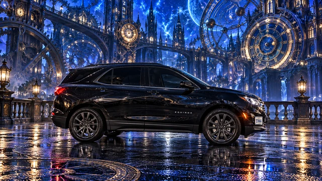 Donna Dew’s black 2025 Chevrolet Equinox. Black Equinox in the Cobalt Clockwork City. Fictional automotive artwork.