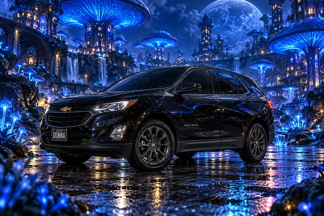 Donna Dew’s black 2025 Chevrolet Equinox. Donna in the Blue Mushroom Metropolis. Fictional automotive artwork.