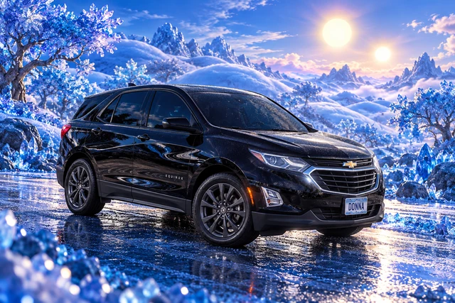 Donna Dew’s black 2025 Chevrolet Equinox. Black Equinox in the sugar-blue world. Fictional automotive artwork.