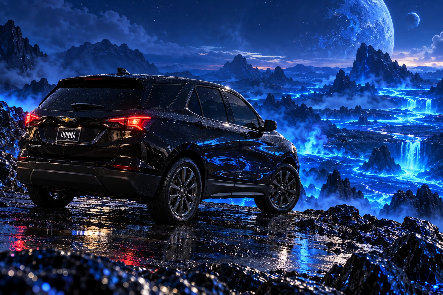 Donna Dew’s black 2025 Chevrolet Equinox. Donna Over Luminous Blue Lava. Fictional automotive artwork.