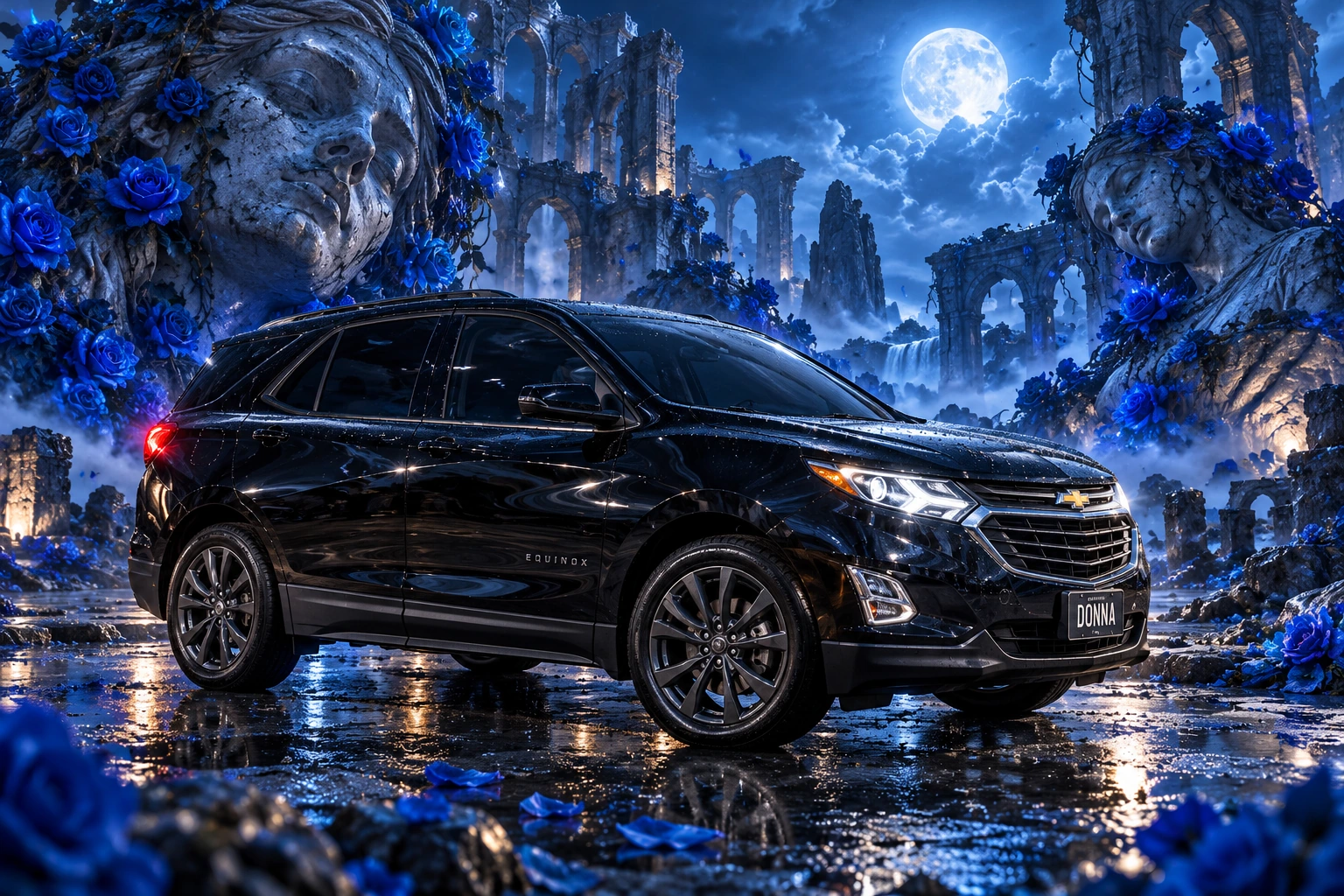 Donna Dew’s black 2025 Chevrolet Equinox. Donna Among Blue Roses and Ruined Statues. Fictional automotive artwork.