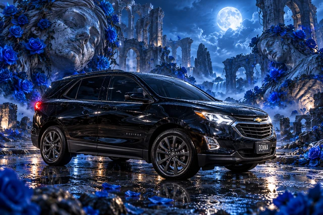 Donna Dew’s black 2025 Chevrolet Equinox. Donna Among Blue Roses and Ruined Statues. Fictional automotive artwork.