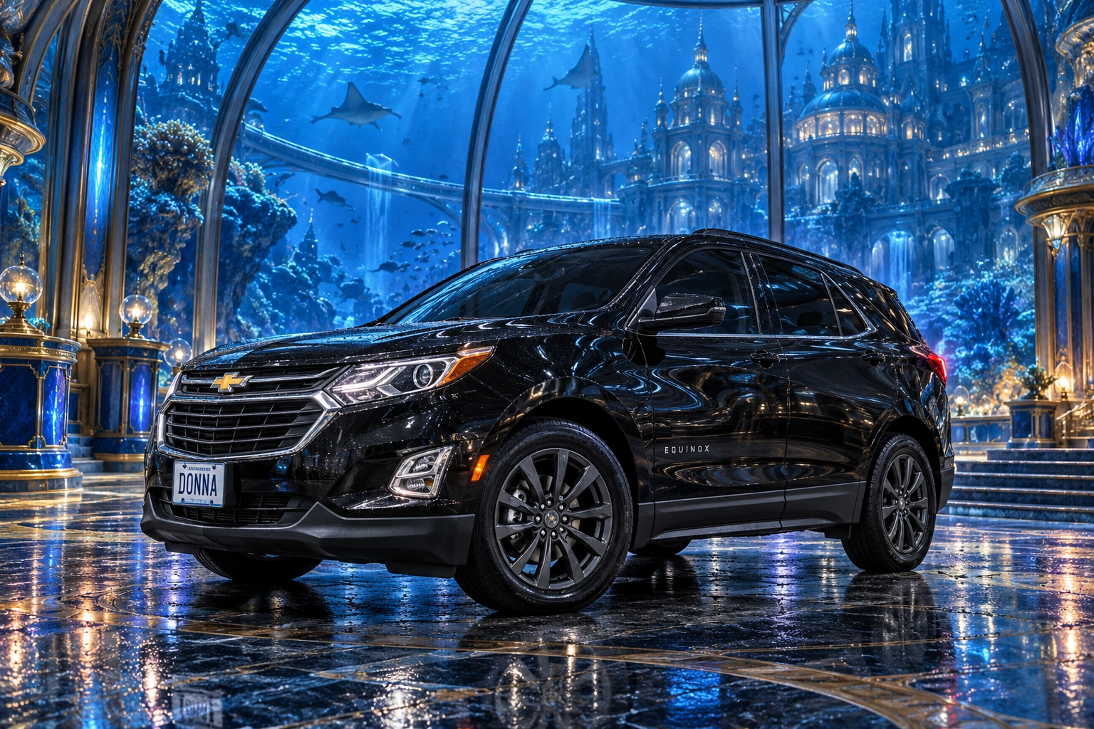 Donna Dew’s black 2025 Chevrolet Equinox. Donna in the Sapphire Underwater Palace. Fictional automotive artwork.