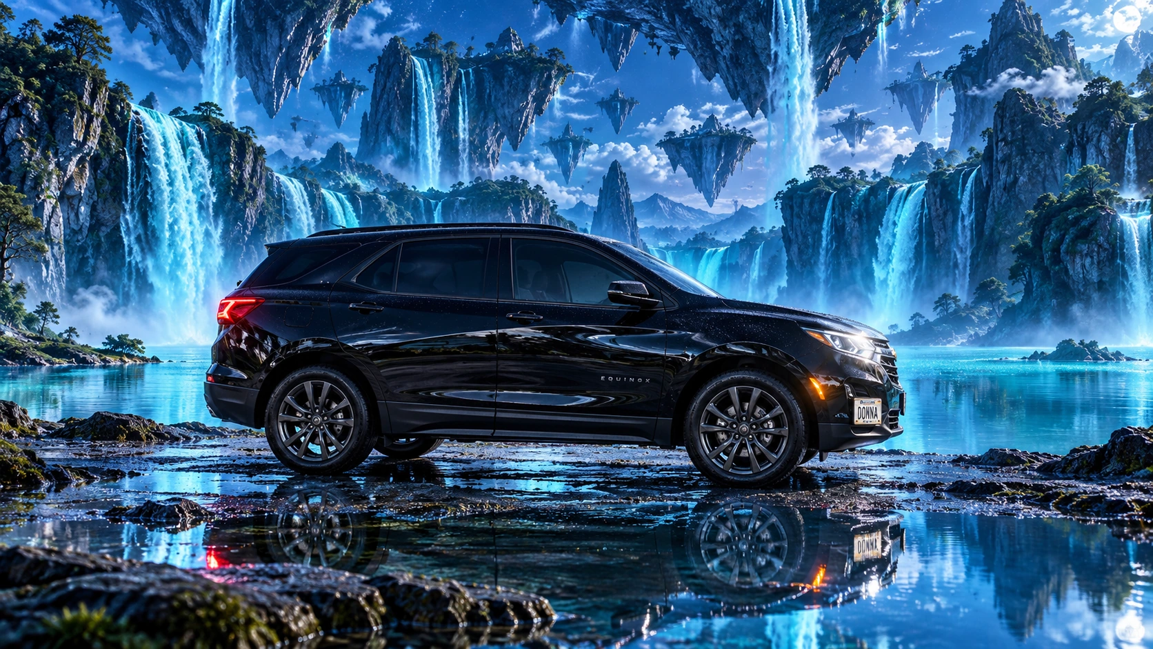 Donna Dew’s black 2025 Chevrolet Equinox. Donna in a Turquoise Waterfall World. Fictional automotive artwork.