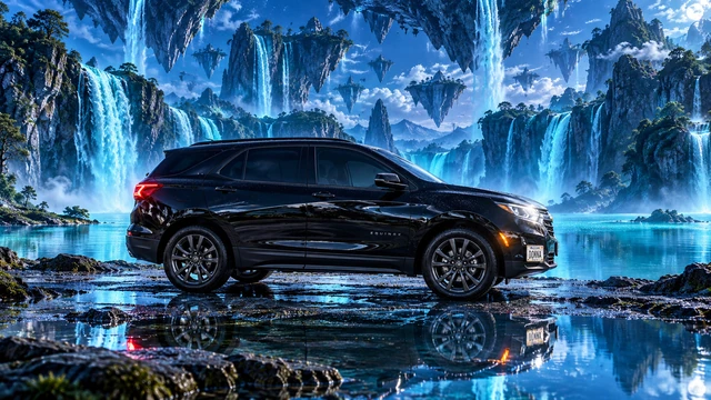 Donna Dew’s black 2025 Chevrolet Equinox. Donna in a Turquoise Waterfall World. Fictional automotive artwork.