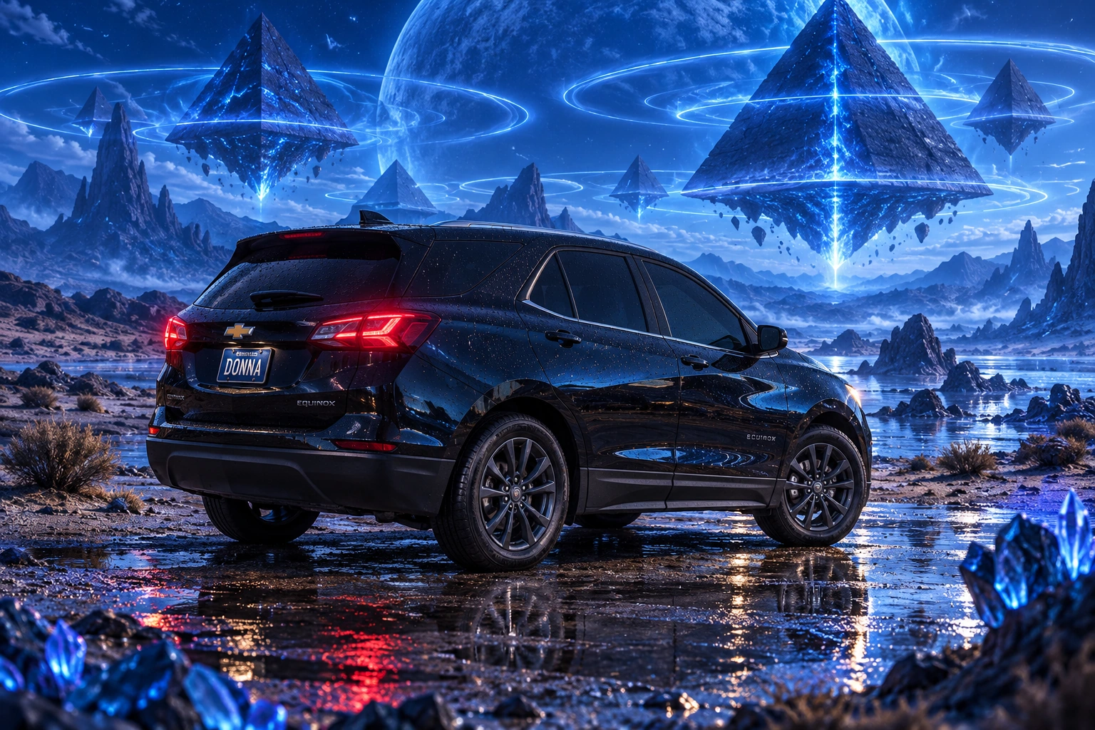 Donna Dew’s black 2025 Chevrolet Equinox. Donna in the Blue Pyramid Desert. Fictional automotive artwork.