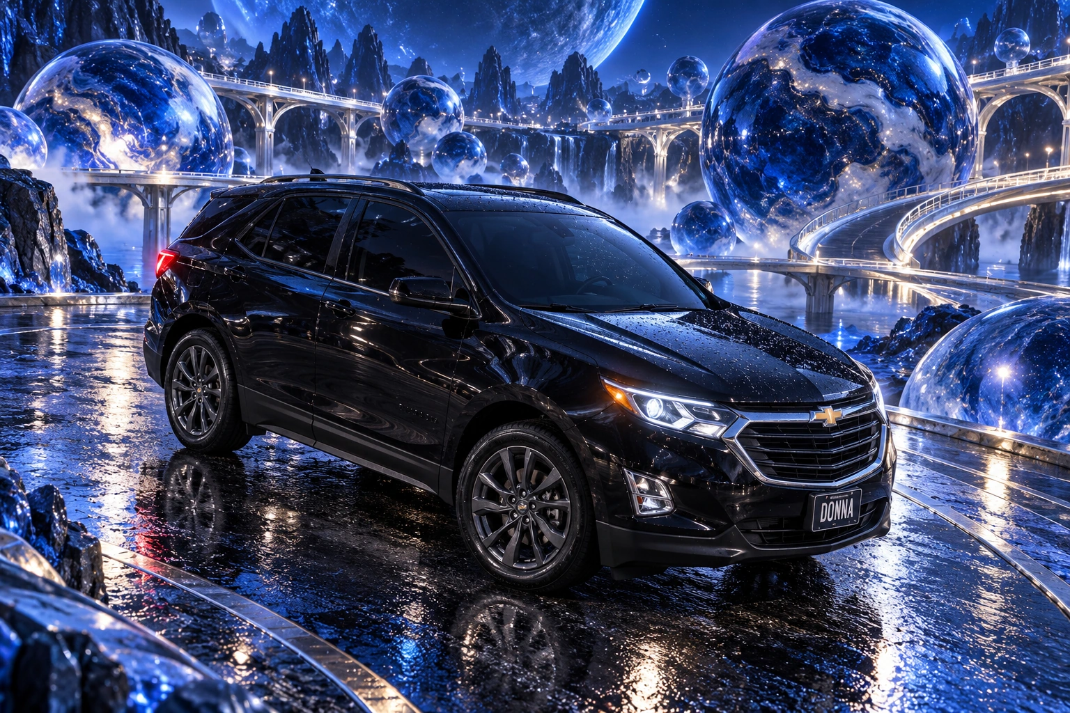 Donna Dew’s black 2025 Chevrolet Equinox. Donna on the Indigo Marble Planet. Fictional automotive artwork.