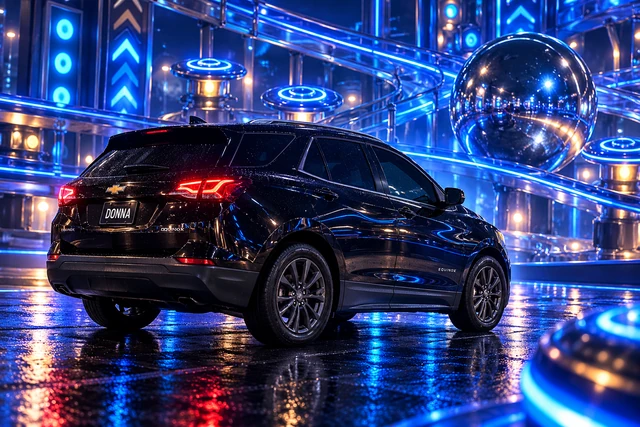 Donna Dew’s black 2025 Chevrolet Equinox. Donna in the Neon Pinball World. Fictional automotive artwork.