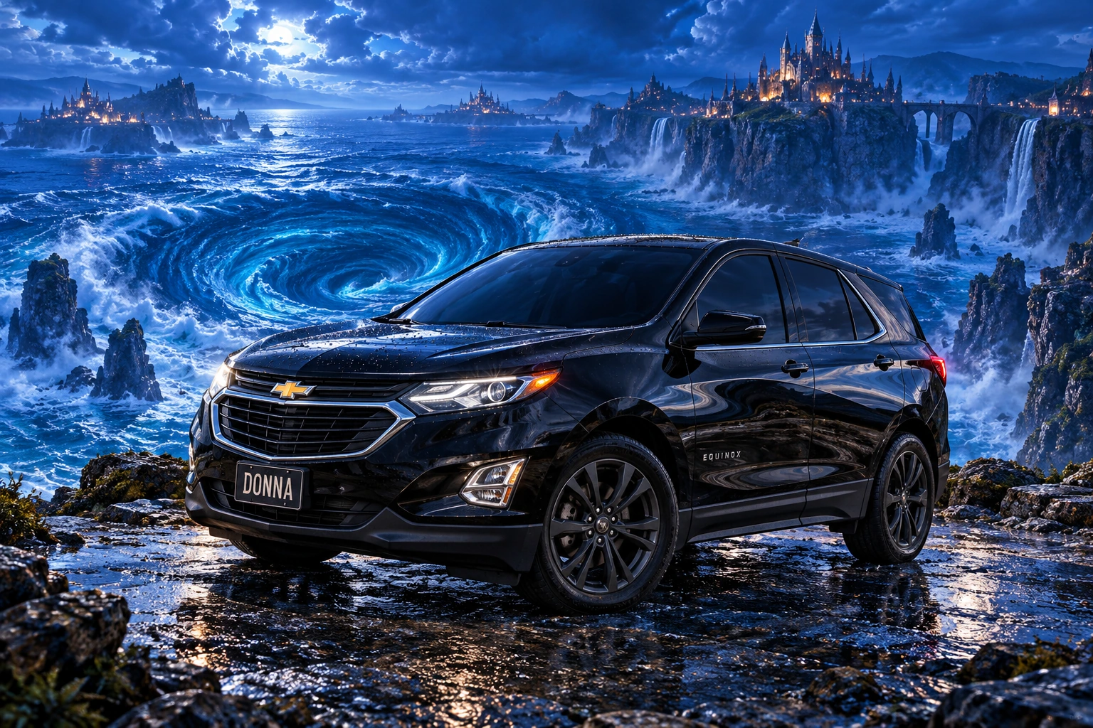 Donna Dew’s black 2025 Chevrolet Equinox. Donna Above the Azure Whirlpool. Fictional automotive artwork.