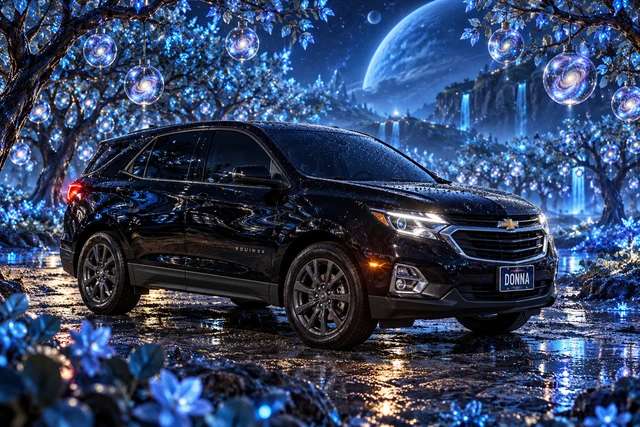 Donna Dew’s black 2025 Chevrolet Equinox. Donna in the Blue Galaxy Orchard. Fictional automotive artwork.