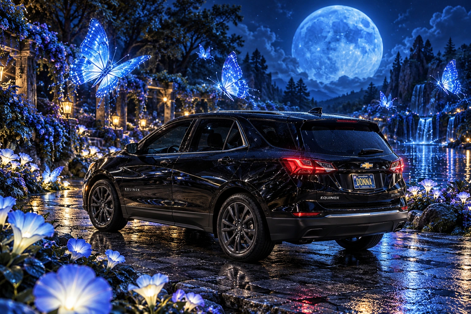Donna Dew’s black 2025 Chevrolet Equinox. Donna in the Blue Moon Garden. Fictional automotive artwork.