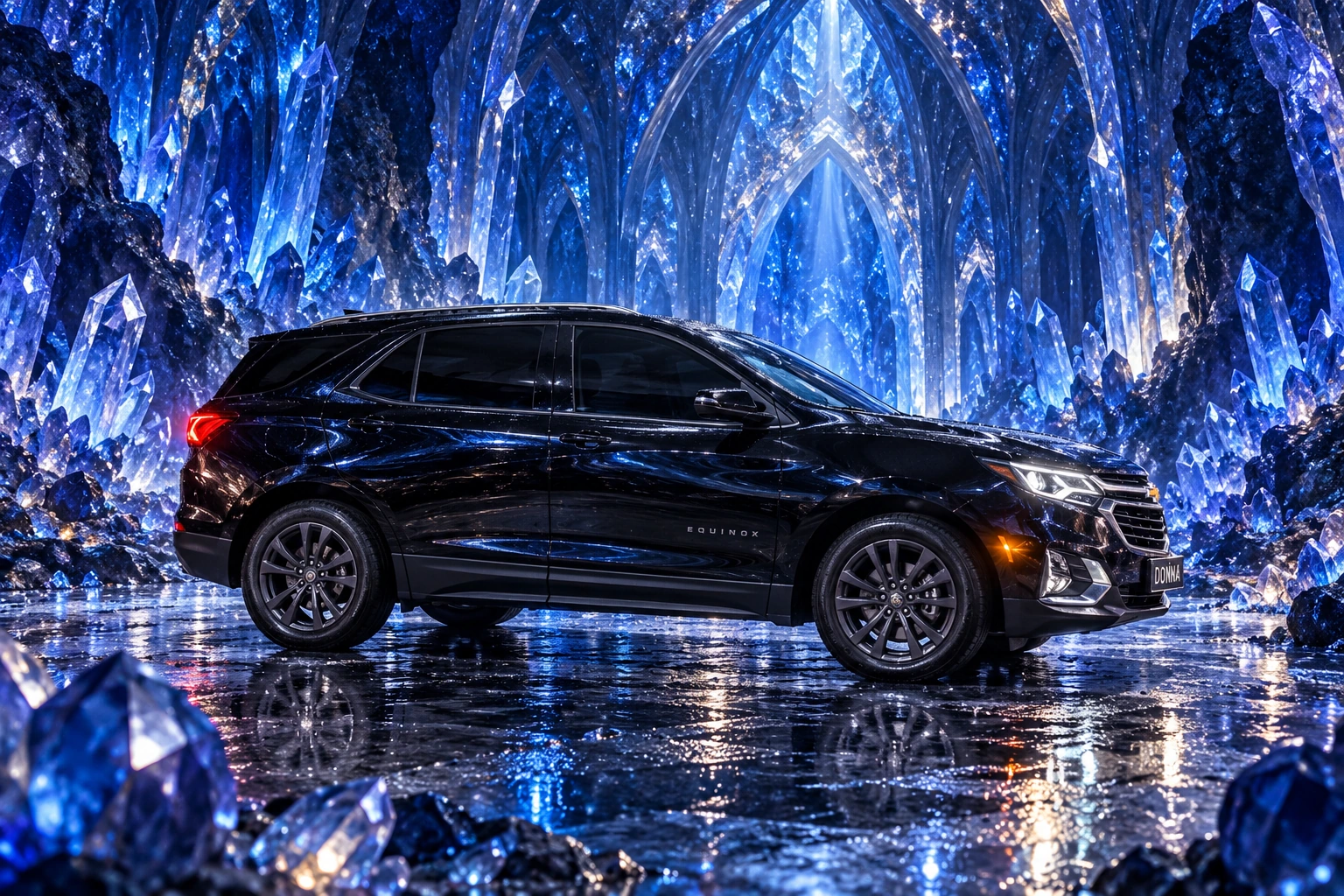 Donna Dew’s black 2025 Chevrolet Equinox. Donna in a Sapphire Crystal Cathedral. Fictional automotive artwork.
