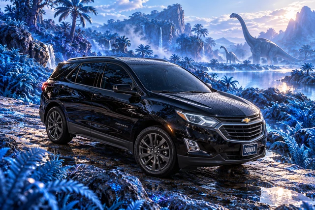 Donna Dew’s black 2025 Chevrolet Equinox. Donna in a Blue Prehistoric World. Fictional automotive artwork.