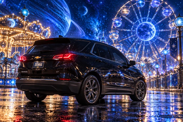 Donna Dew’s black 2025 Chevrolet Equinox. Donna at the Blue Space Carnival. Fictional automotive artwork.