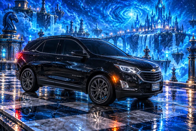 Donna Dew’s black 2025 Chevrolet Equinox. Donna on the Blue Rainbow Citadel. Fictional automotive artwork.